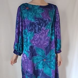 Vintage Blue & Purple Floral Belted Midi Dress